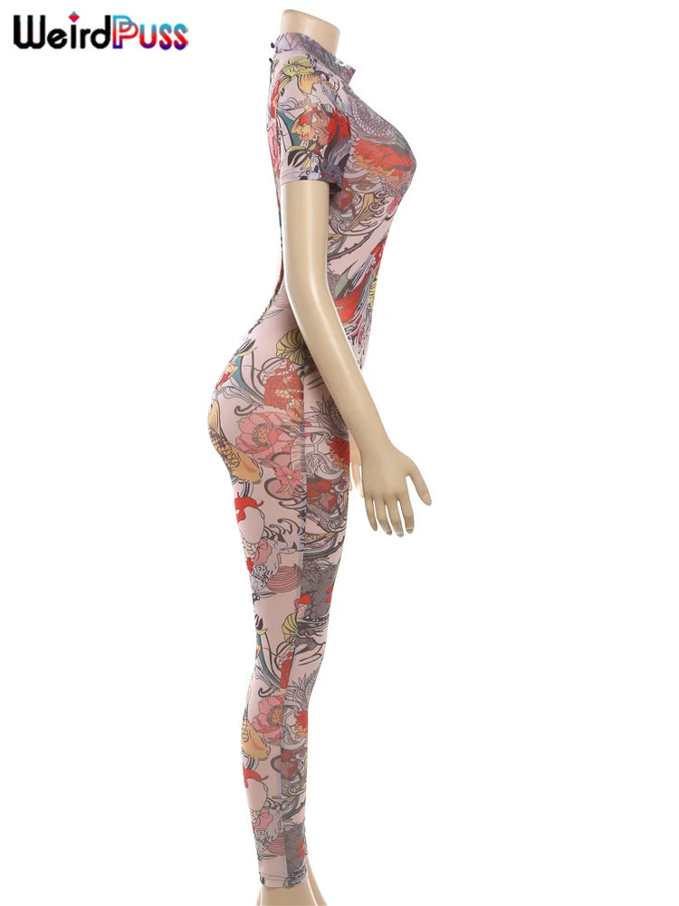 See Through Jumpsuit Women Backless Dragon Print Short Sleeve Fitness Activity Workout Overalls Slim Stretch Clubwear