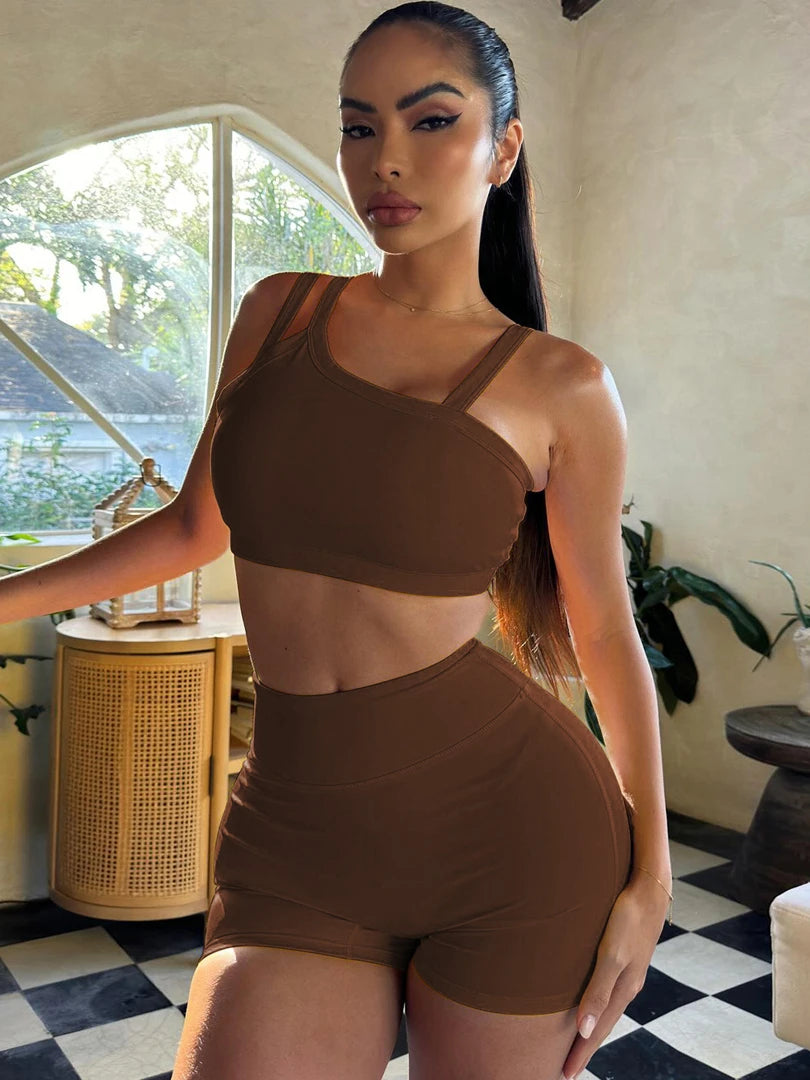 Hugcitar Summer Fashion 2 Pcs Sets Solid Straps Backless Sexy Crop Tank Top Draped Shorts Slim Women Clothes Vacation Work Out