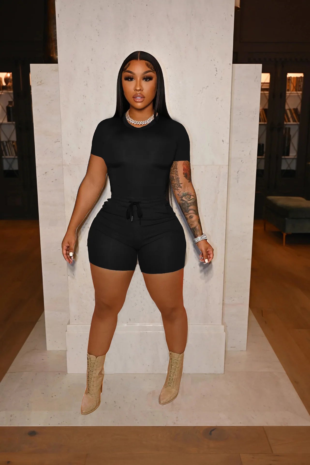 FAGADOER Solid Color Short Sleeve Crop Top and Pockets Biker Shorts 2 Pcs Set Sexy Slim Summer Fashion Outfit Casual Streetwear