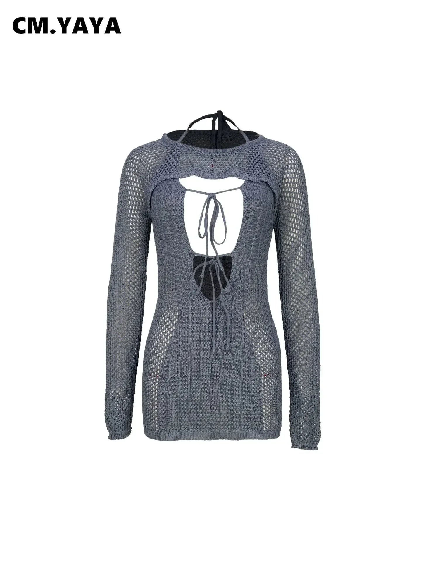 CM.YAYA Crochet Birthday Bodycon Midi Halter Neck Tie Up Dress  Women 2023 Dresses with Cover-ups Two 2 Piece Sets Vestidos