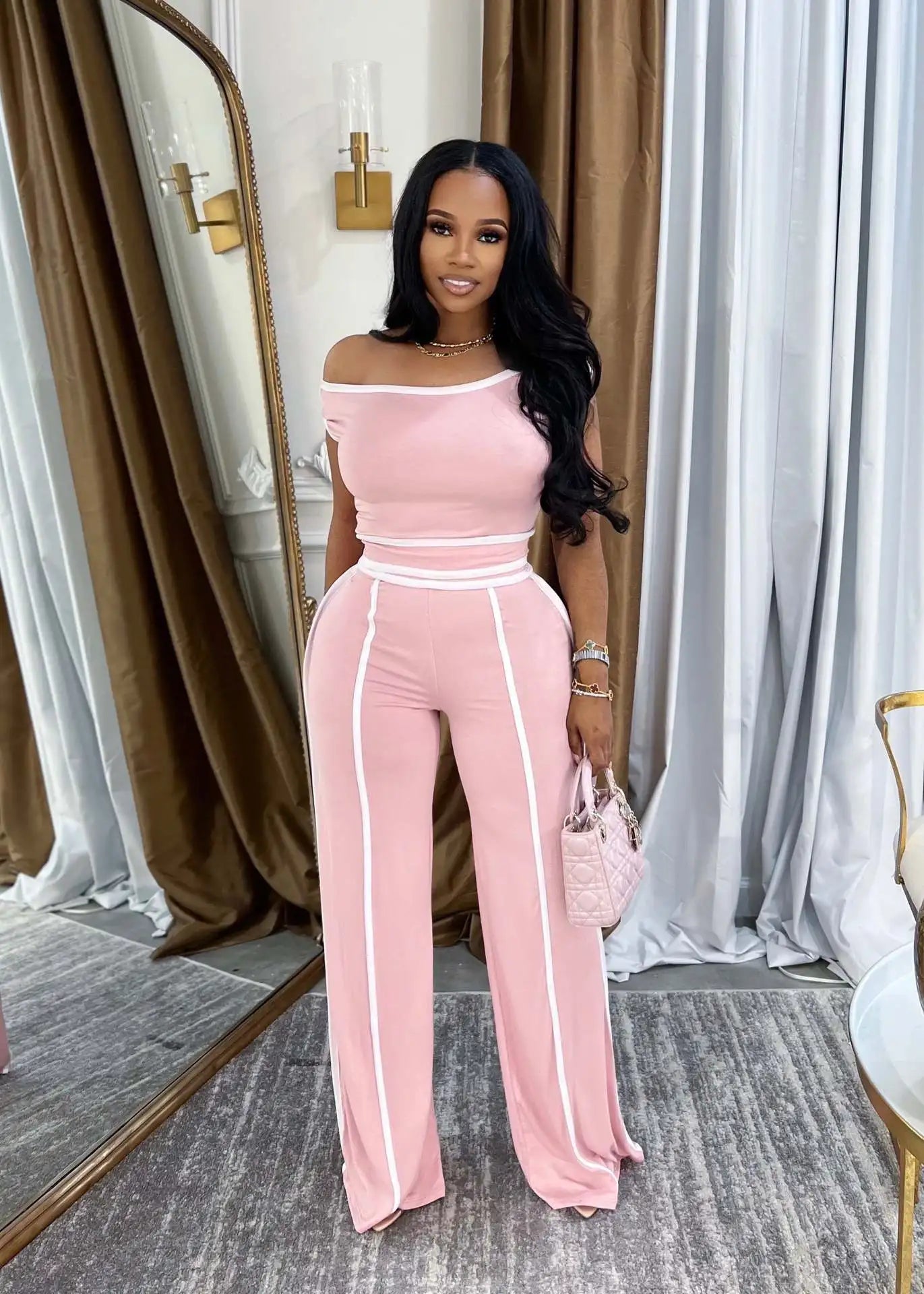 Sexy Women Onelength Shoulder Splicing Line High Waisted Pants Suit Spring New  Casual Wide-leg Pants Short Sleeve 2 Piece Set