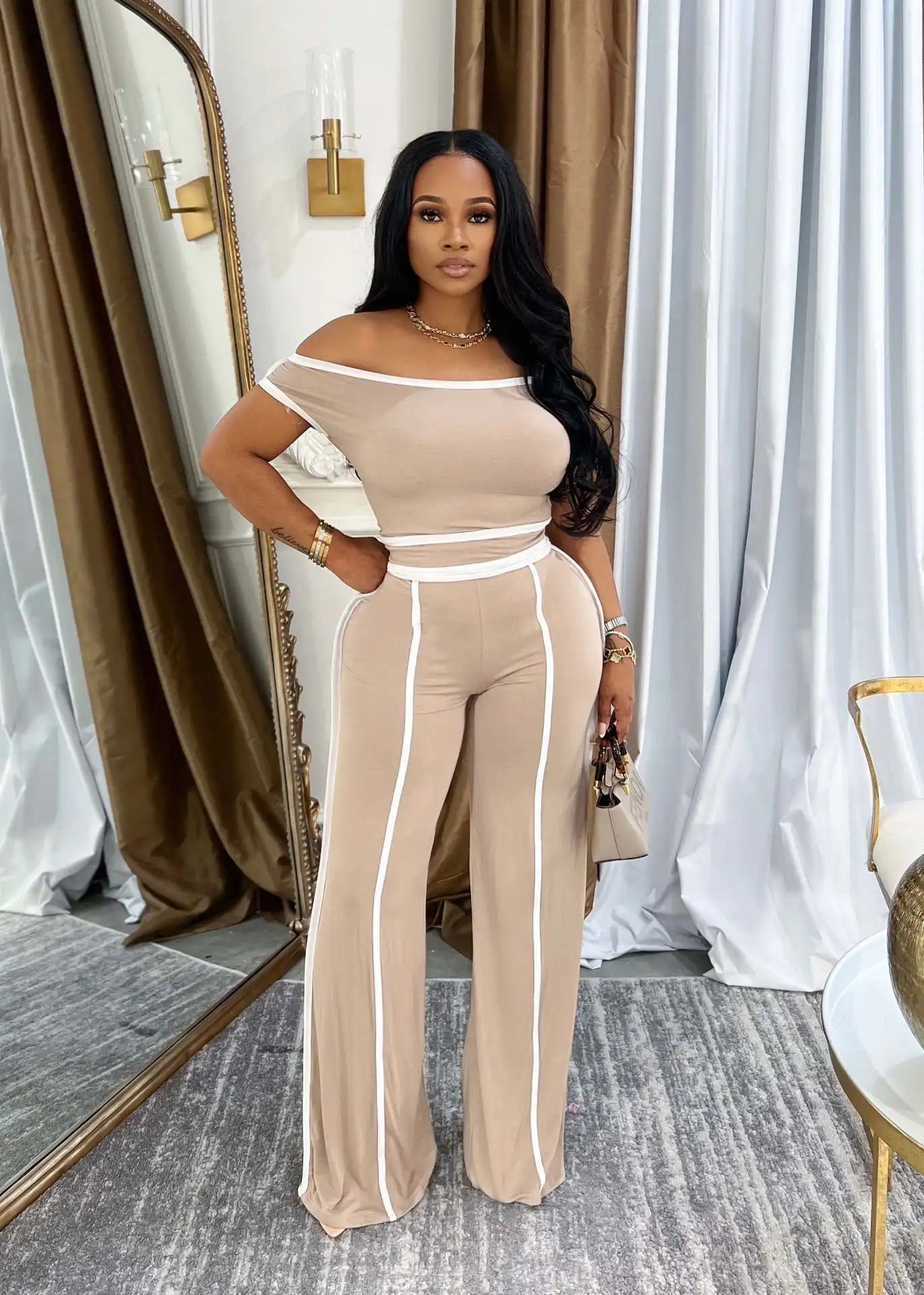 Sexy Women Onelength Shoulder Splicing Line High Waisted Pants Suit Spring New  Casual Wide-leg Pants Short Sleeve 2 Piece Set