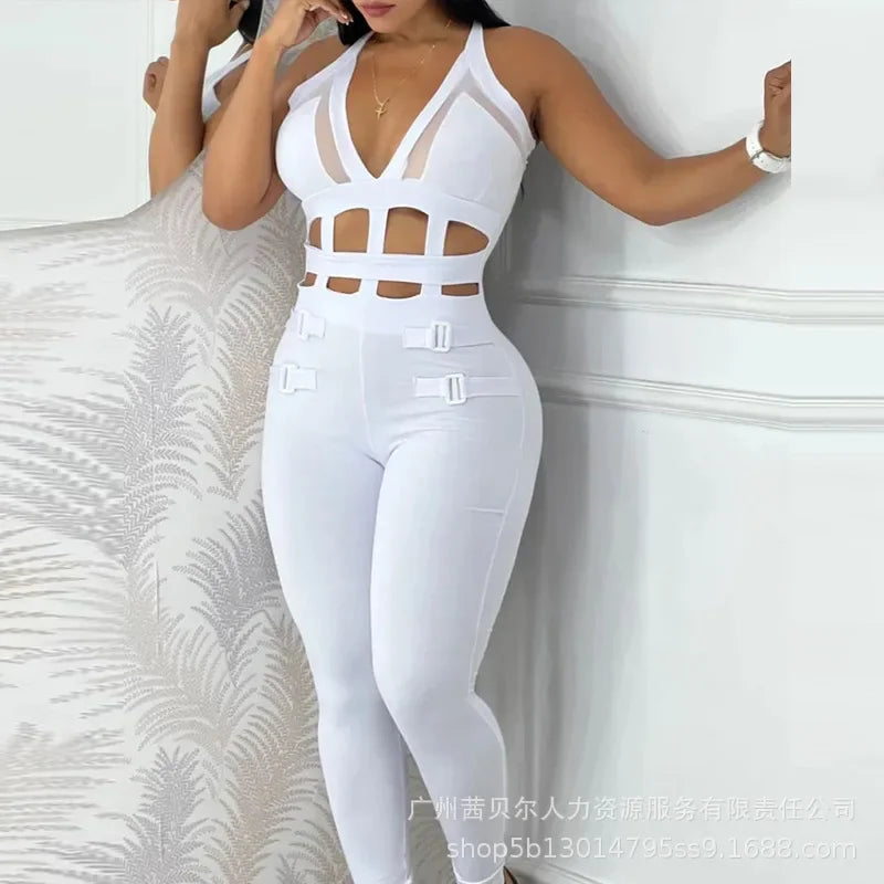 2024 New White Waist Hollow Strap Neck Tight Jumpsuit Fashion Trend Sleeveless Spring And Autumn Solid Color