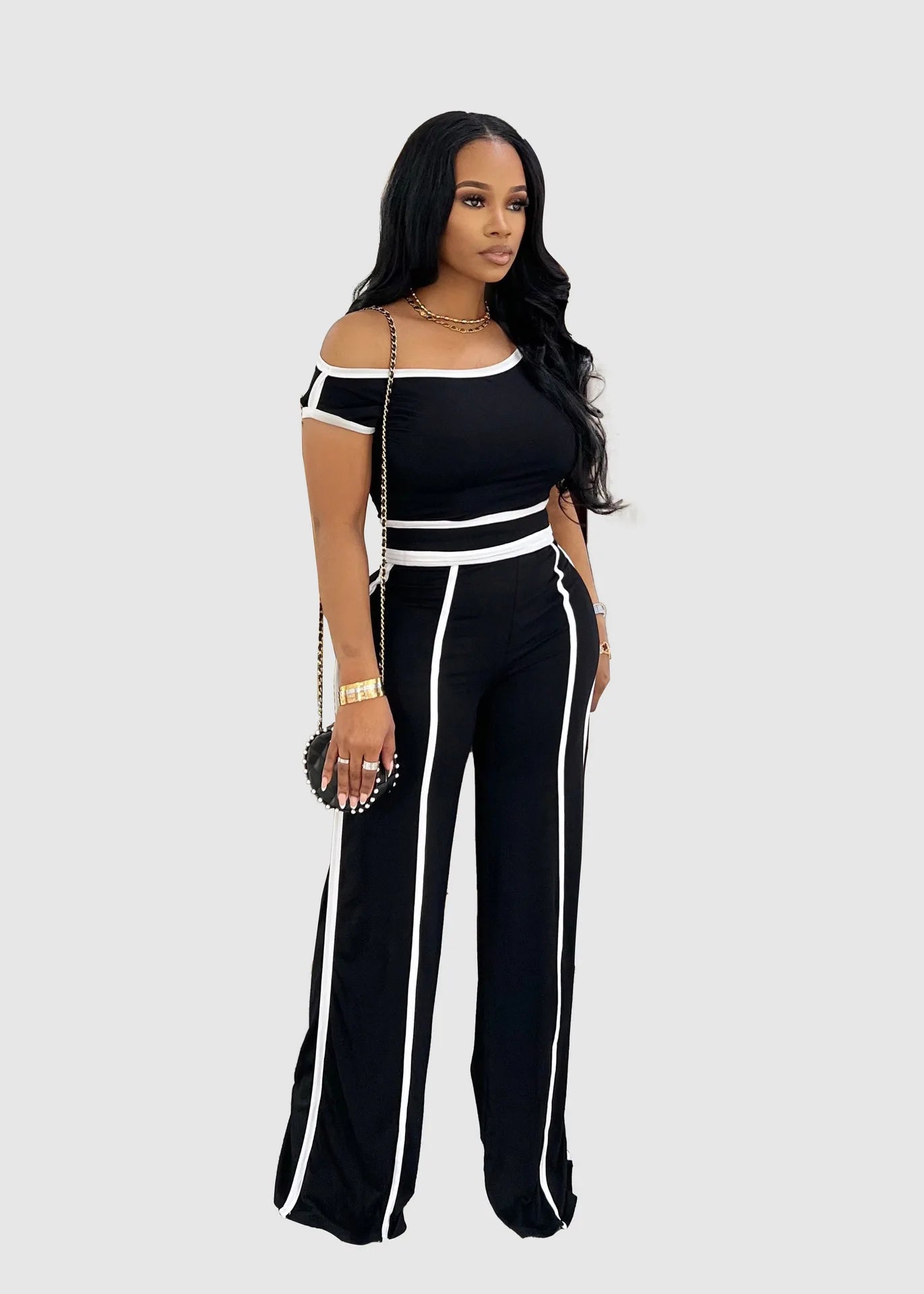 Sexy Women Onelength Shoulder Splicing Line High Waisted Pants Suit Spring New  Casual Wide-leg Pants Short Sleeve 2 Piece Set