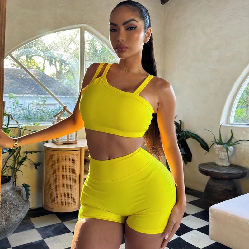 Hugcitar Summer Fashion 2 Pcs Sets Solid Straps Backless Sexy Crop Tank Top Draped Shorts Slim Women Clothes Vacation Work Out