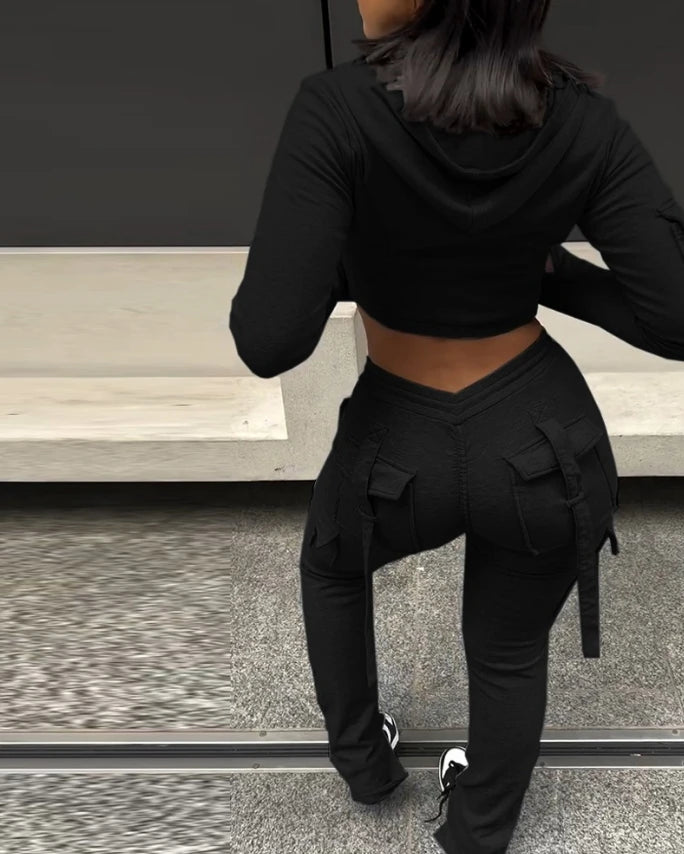 Womens Two Piece Casual Skinny Zipper Design Long Sleeve Crop Hoodie and Drawstring V-cut Waistline Cargo Joggers Sweatpants Set