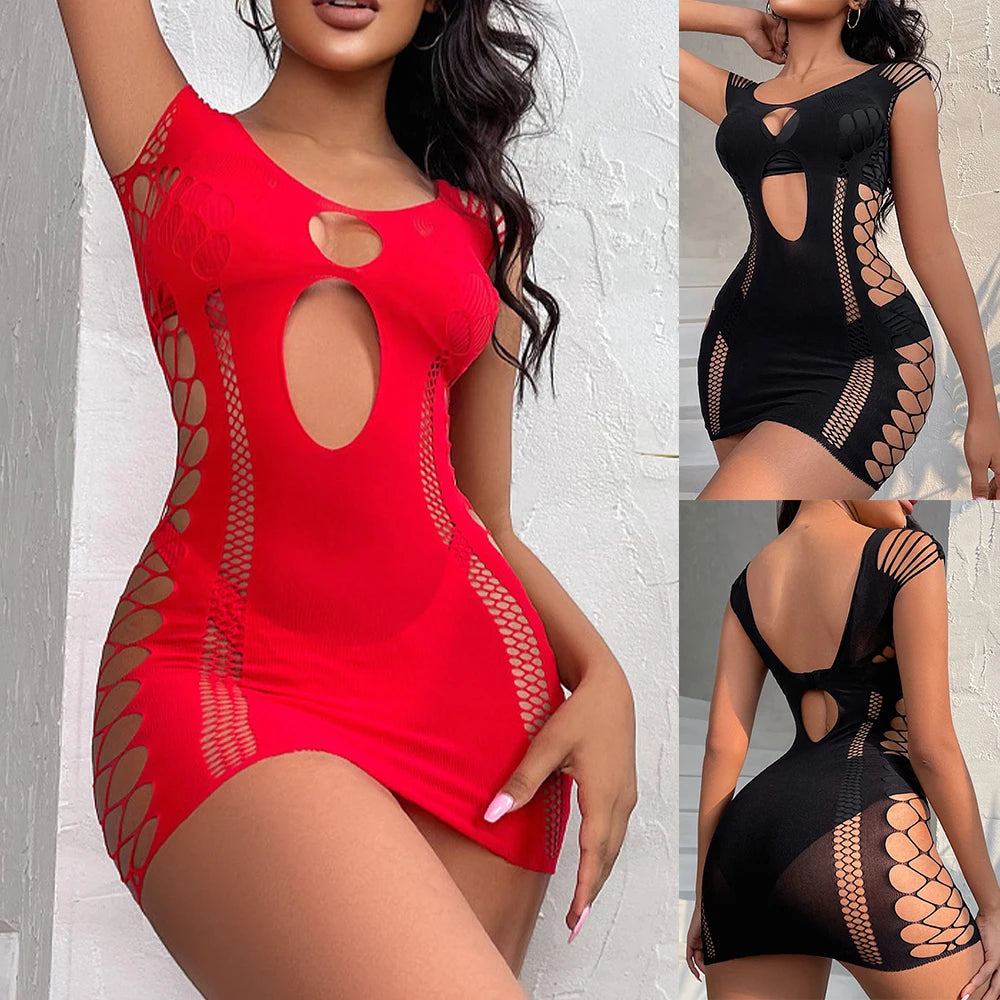 Sexy Women's Bodycone Mini Dress Solid Color Fishnet See Through Backless Clubwear Elastic Ladies Dresses