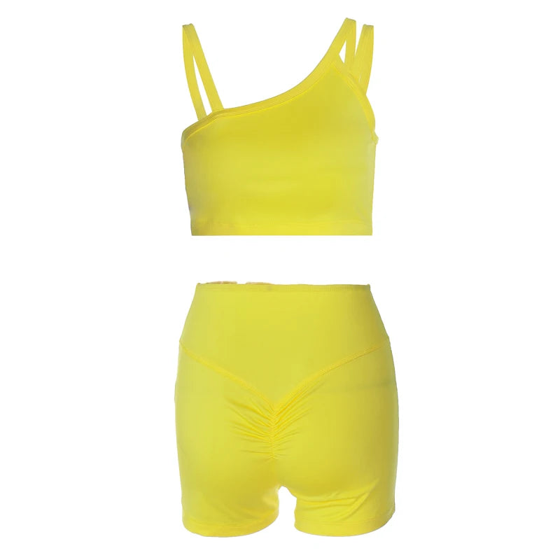 Hugcitar Summer Fashion 2 Pcs Sets Solid Straps Backless Sexy Crop Tank Top Draped Shorts Slim Women Clothes Vacation Work Out