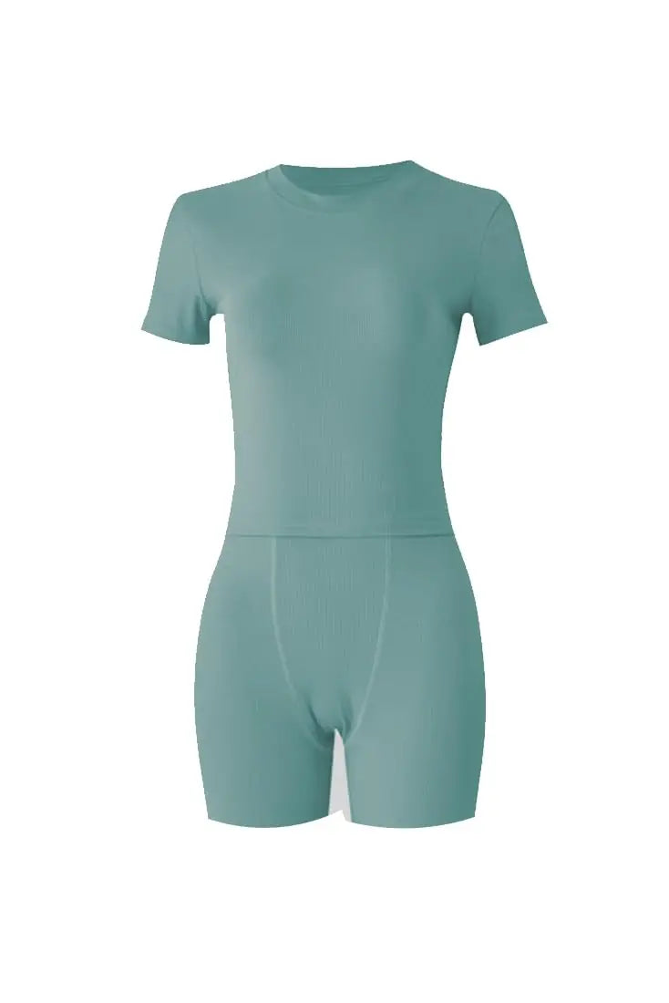 Lounge Wear Ribbed Casual 2 Piece Summer Shorts Set For Somen Short Sleeve Top+Elastic outfits