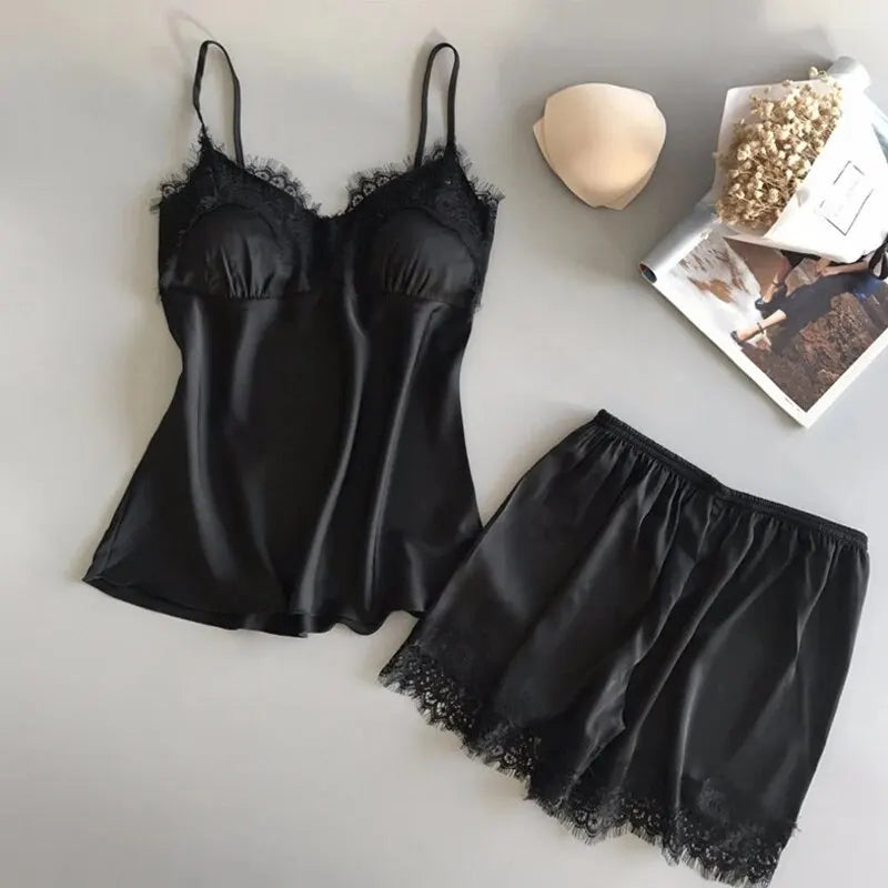 Women Pajama Suit Fashion V-Neck Stretch Satin Babydoll Lace Sexy Lingerie Bowknot Pyjamas Sleep Shorts Set Sleepwear New