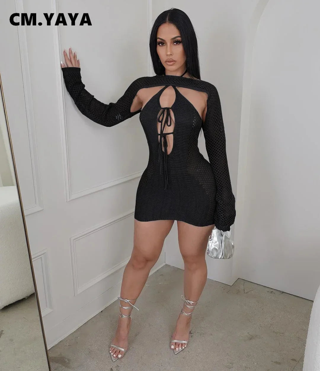 CM.YAYA Crochet Birthday Bodycon Midi Halter Neck Tie Up Dress  Women 2023 Dresses with Cover-ups Two 2 Piece Sets Vestidos