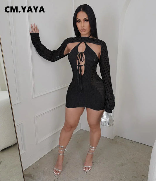 CM.YAYA Crochet Birthday Bodycon Midi Halter Neck Tie Up Dress  Women 2023 Dresses with Cover-ups Two 2 Piece Sets Vestidos