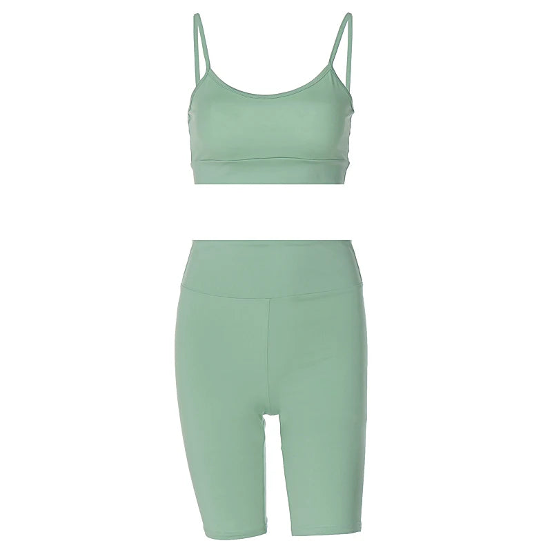 Hugcitar Summer 2 Piece Matching Sets Solid Slips Sexy Slim Crop Camis Shorts Women Casual Y2K Outfits Gym Streetwear Festival