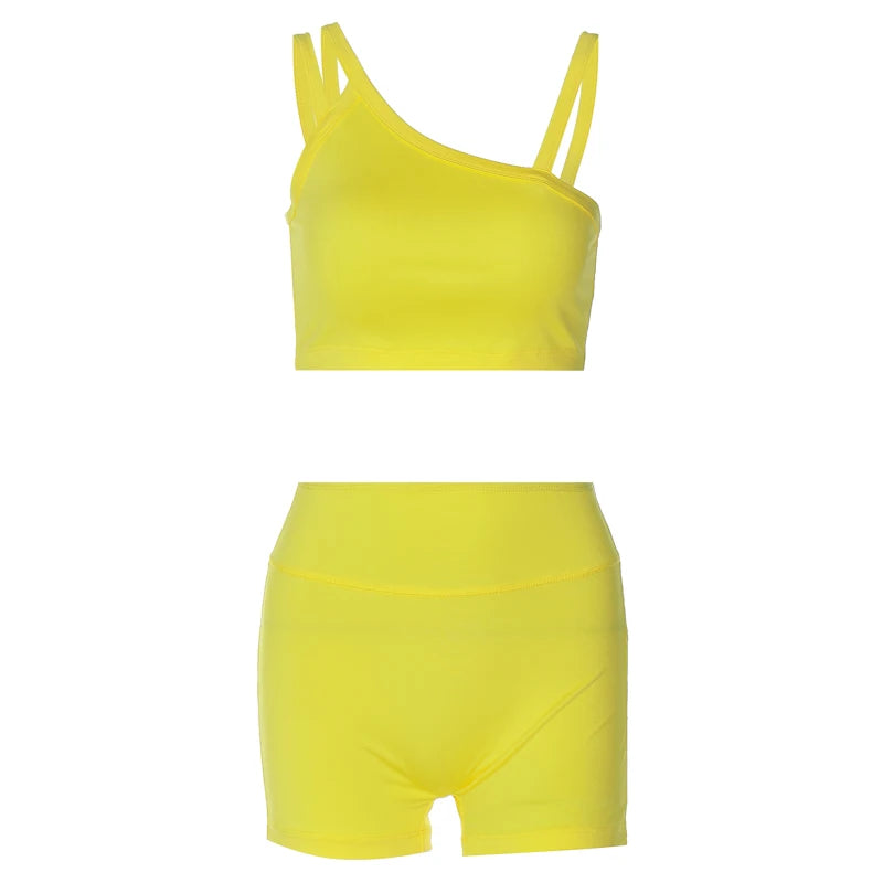 Hugcitar Summer Fashion 2 Pcs Sets Solid Straps Backless Sexy Crop Tank Top Draped Shorts Slim Women Clothes Vacation Work Out
