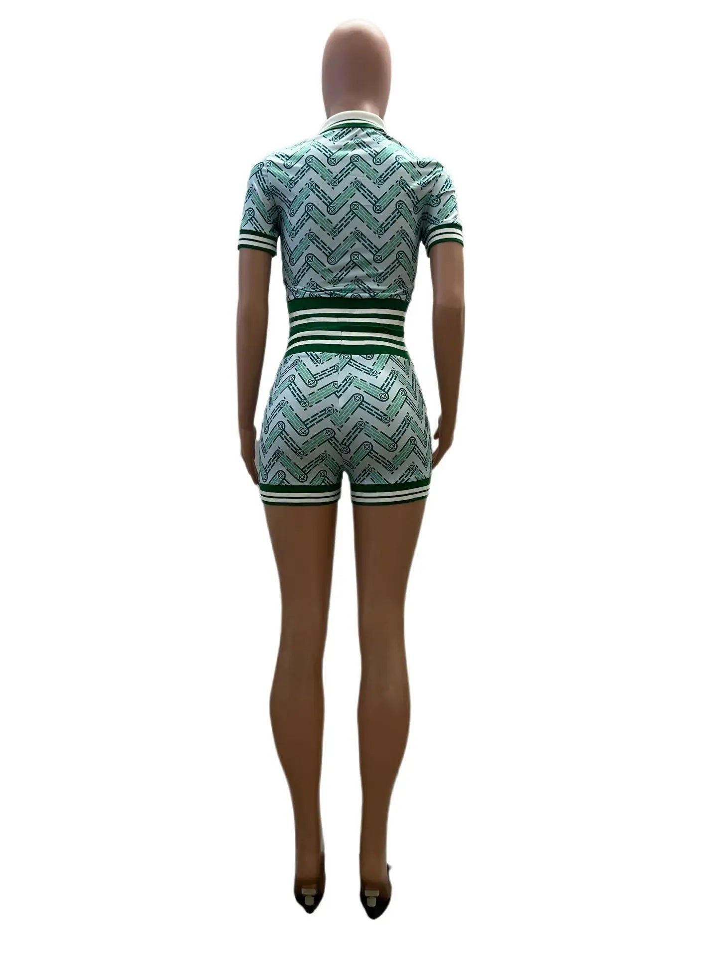 Retro Casual 2 Piece Sets Womens Outfits Spring Summer Digital Print Turn Down Collar Short Top+ Ribbed High-waisted Shorts Sets