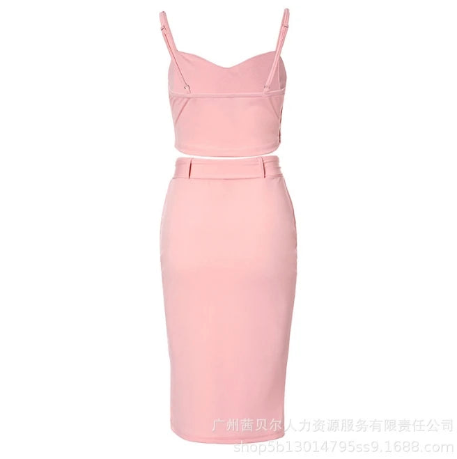 Two Piece Set Women Outfit 2024 Summer Fashion Button Decor Spaghetti Strap Crop Cami Top & High Waist Split Midi Skirt Set