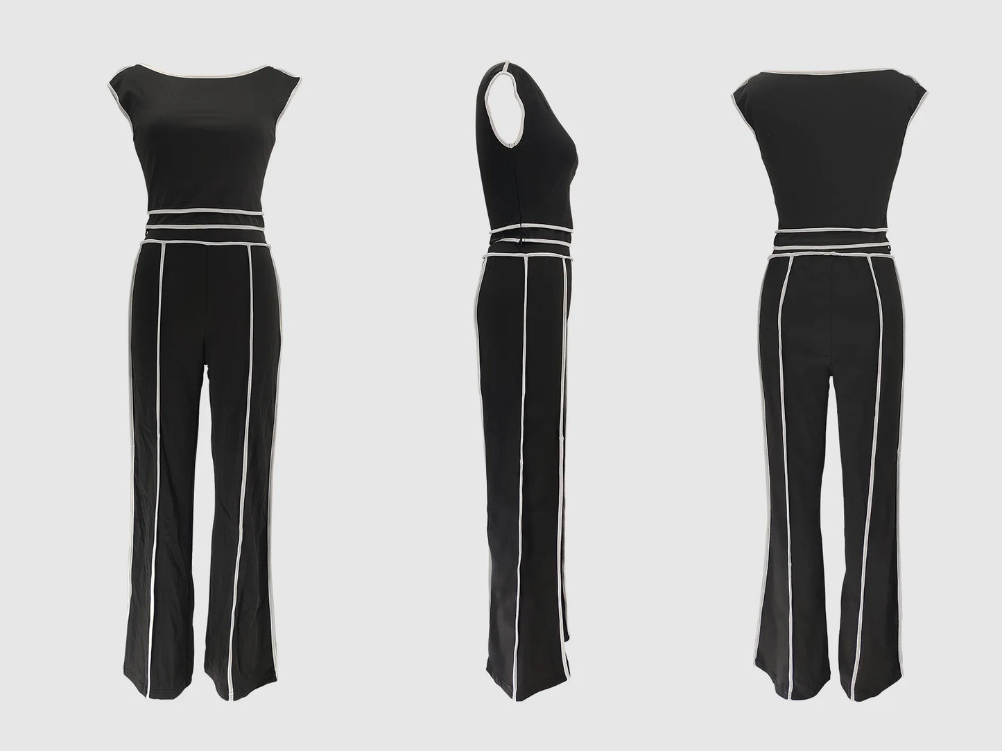 Sexy Women Onelength Shoulder Splicing Line High Waisted Pants Suit Spring New  Casual Wide-leg Pants Short Sleeve 2 Piece Set