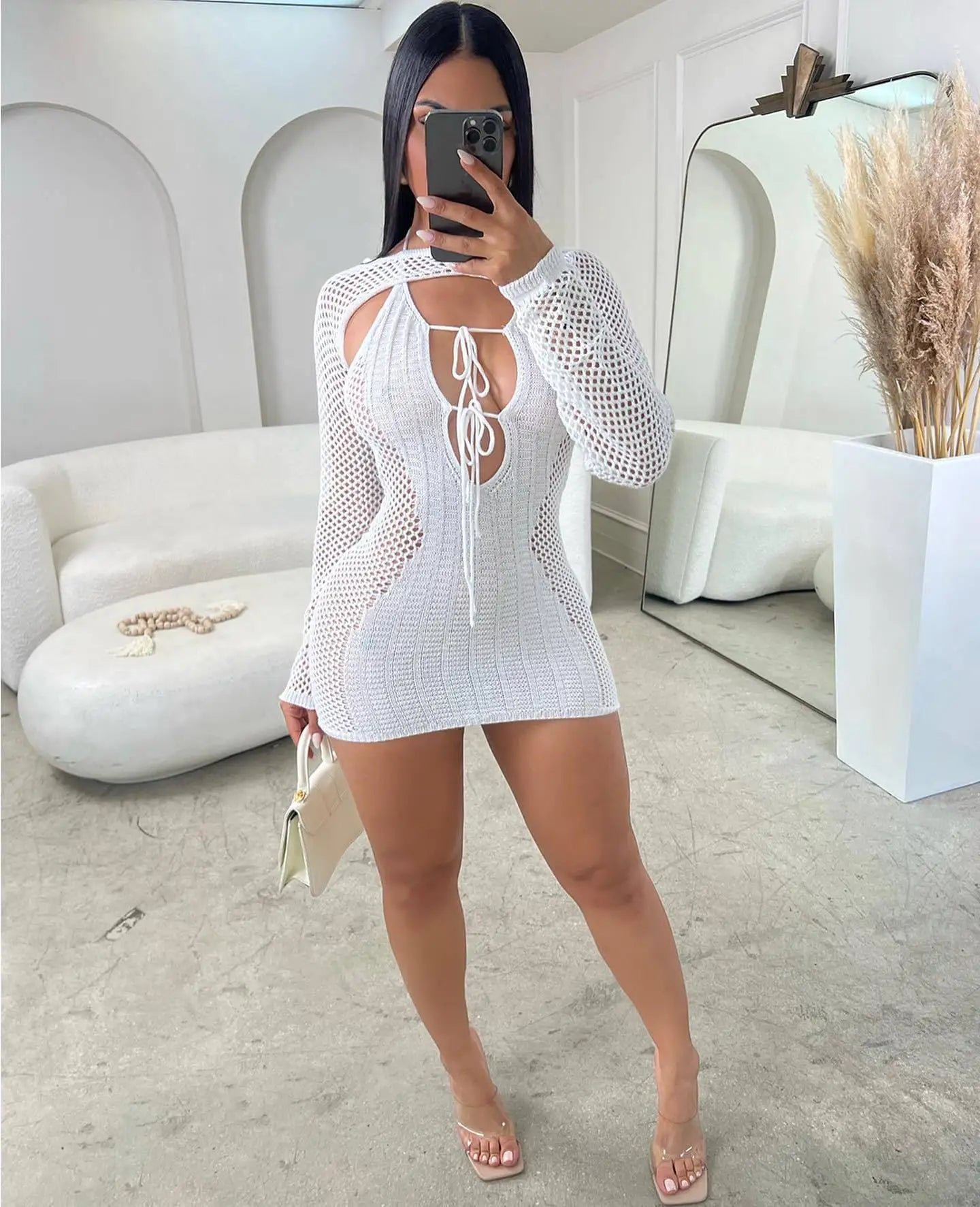 CM.YAYA Crochet Birthday Bodycon Midi Halter Neck Tie Up Dress  Women 2023 Dresses with Cover-ups Two 2 Piece Sets Vestidos