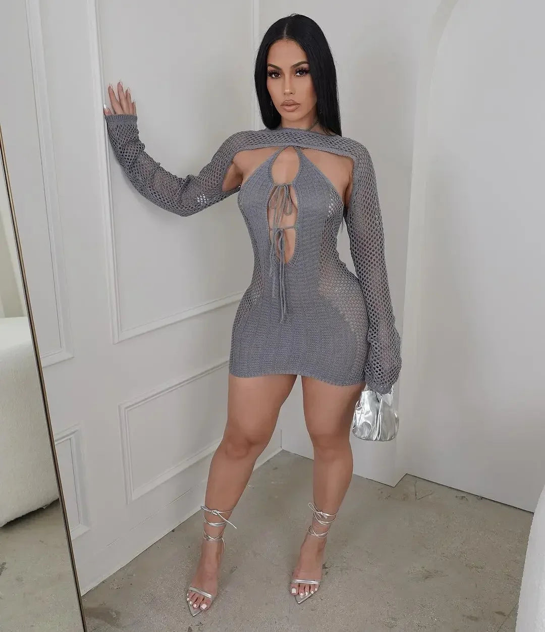 CM.YAYA Crochet Birthday Bodycon Midi Halter Neck Tie Up Dress  Women 2023 Dresses with Cover-ups Two 2 Piece Sets Vestidos