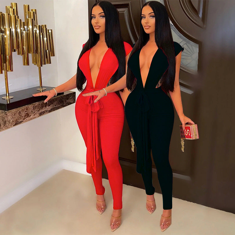 Sexy Skinny V-neck Jumpsuit Women Hollow Out Lace Up Strings Baddies Bodysuit Outfit Overalls Club Outfit Pant Set