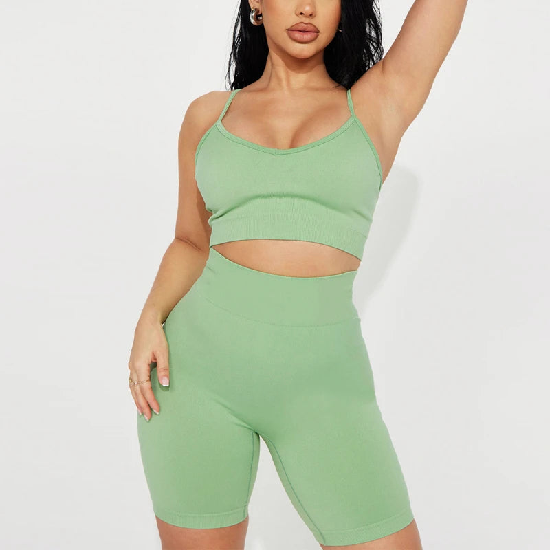 Hugcitar Summer 2 Piece Matching Sets Solid Slips Sexy Slim Crop Camis Shorts Women Casual Y2K Outfits Gym Streetwear Festival
