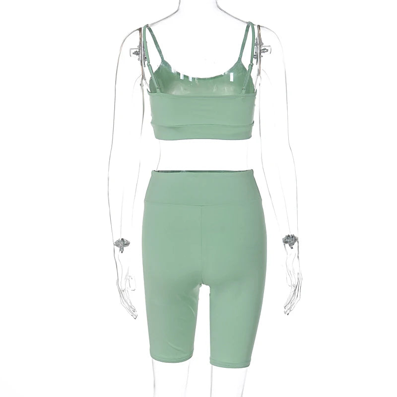 Hugcitar Summer 2 Piece Matching Sets Solid Slips Sexy Slim Crop Camis Shorts Women Casual Y2K Outfits Gym Streetwear Festival