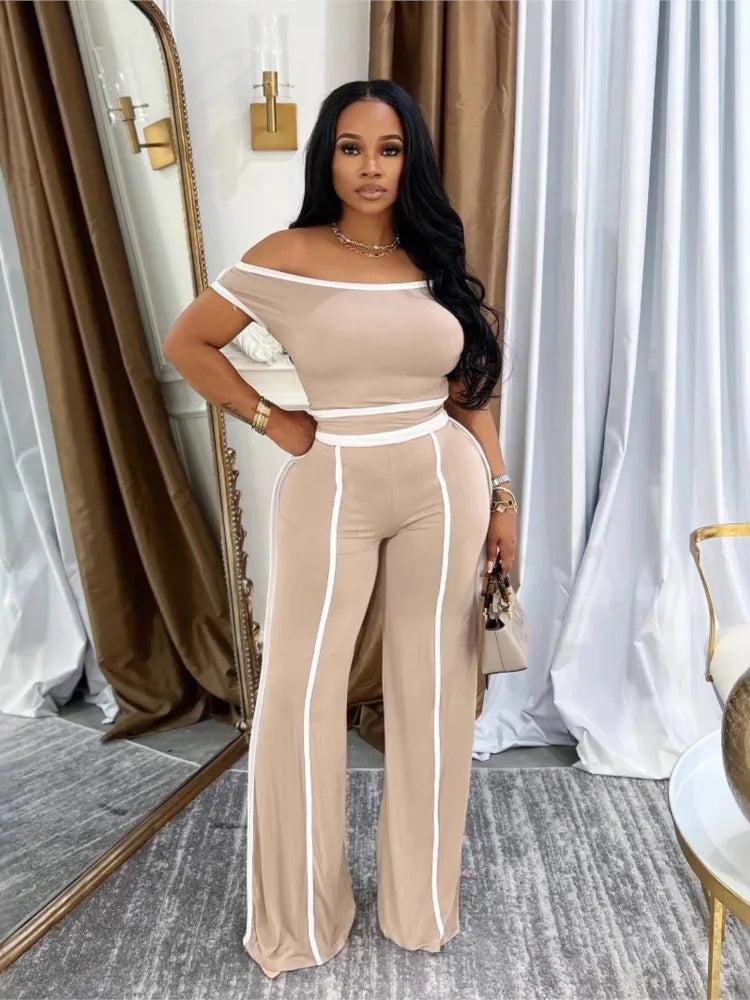 Sexy Women Onelength Shoulder Splicing Line High Waisted Pants Suit Spring New  Casual Wide-leg Pants Short Sleeve 2 Piece Set