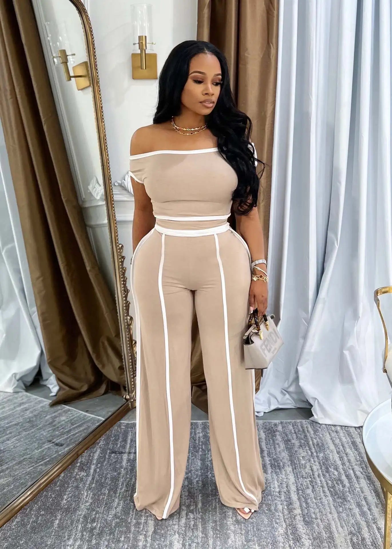 Sexy Women Onelength Shoulder Splicing Line High Waisted Pants Suit Spring New  Casual Wide-leg Pants Short Sleeve 2 Piece Set