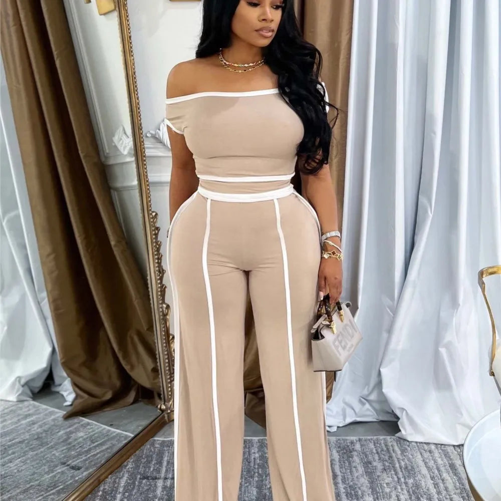 Sexy Women Onelength Shoulder Splicing Line High Waisted Pants Suit Spring New  Casual Wide-leg Pants Short Sleeve 2 Piece Set