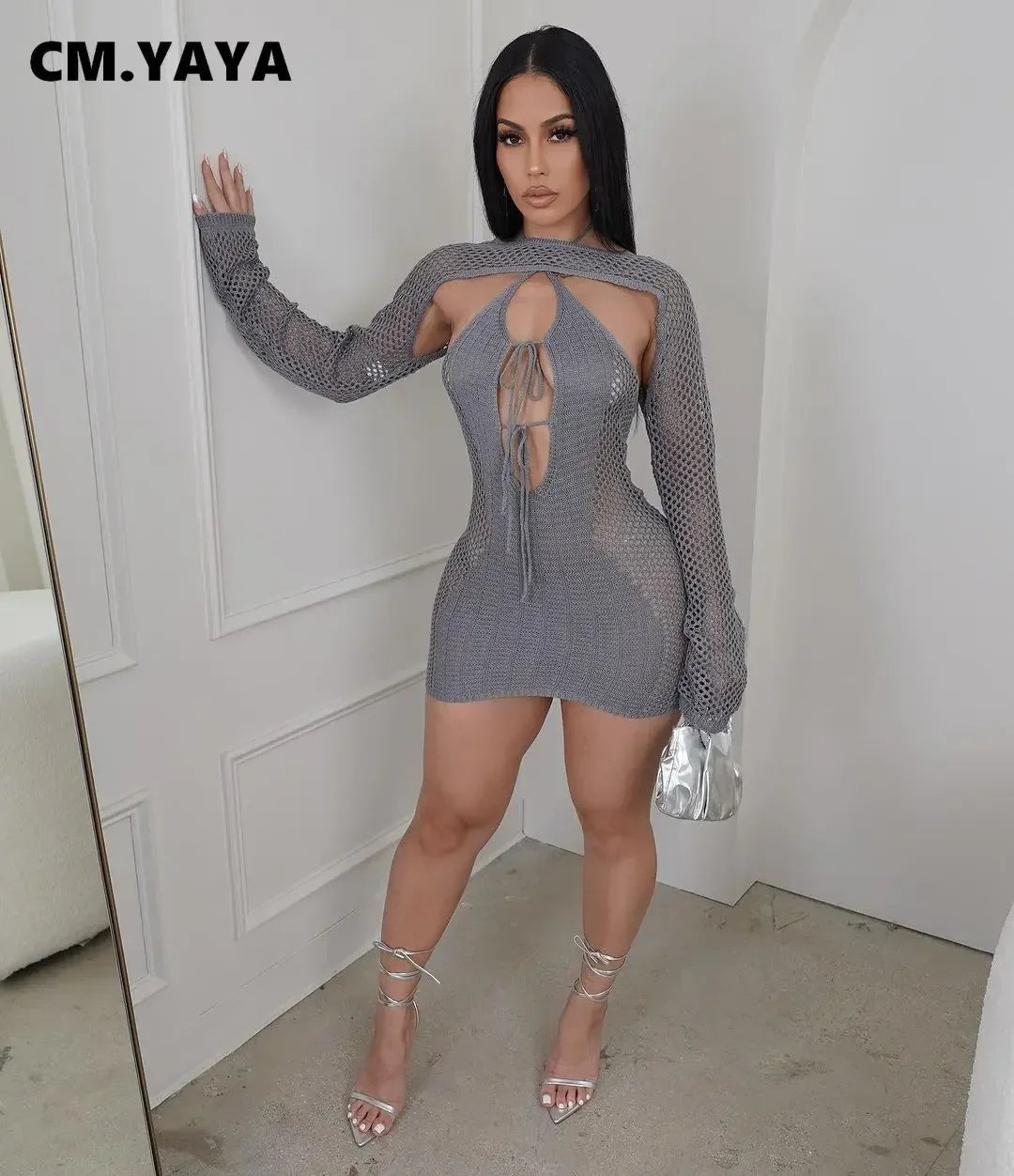 CM.YAYA Crochet Birthday Bodycon Midi Halter Neck Tie Up Dress  Women 2023 Dresses with Cover-ups Two 2 Piece Sets Vestidos