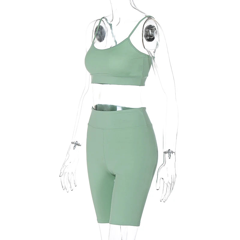 Hugcitar Summer 2 Piece Matching Sets Solid Slips Sexy Slim Crop Camis Shorts Women Casual Y2K Outfits Gym Streetwear Festival