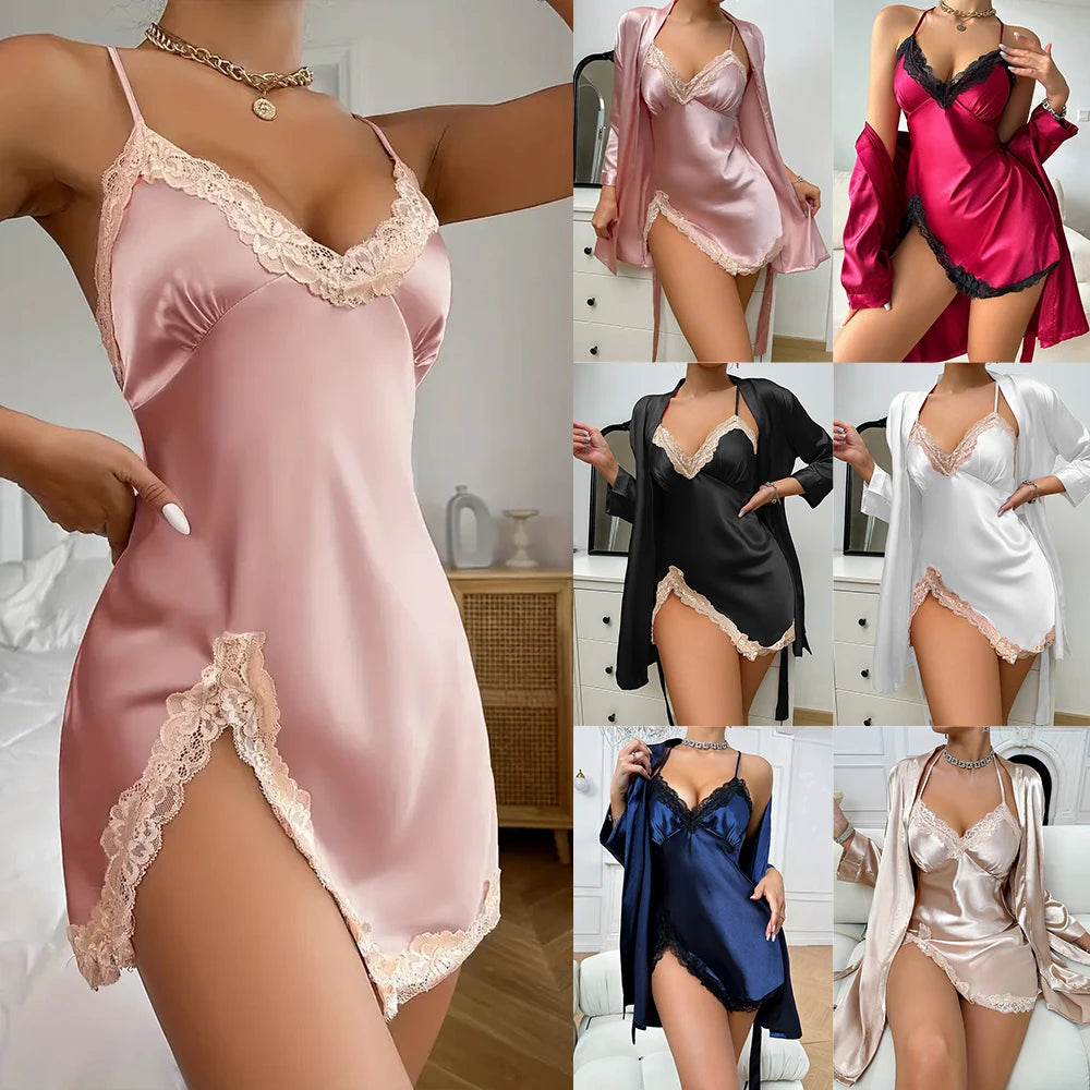 Women's Nightdress Two Piece Sets Night Robe Pajama Set Solid Satin Long Sleeve Robe V Neck Slip Sleep Mini Dress S M L XL 2XL