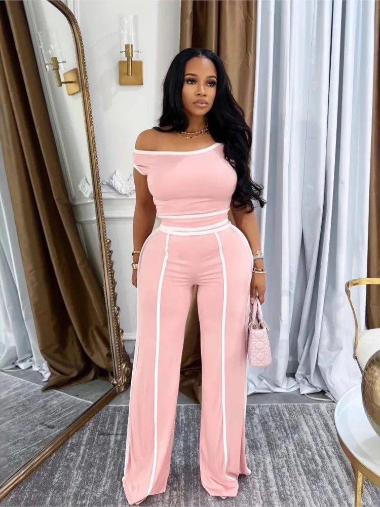 Sexy Women Onelength Shoulder Splicing Line High Waisted Pants Suit Spring New  Casual Wide-leg Pants Short Sleeve 2 Piece Set