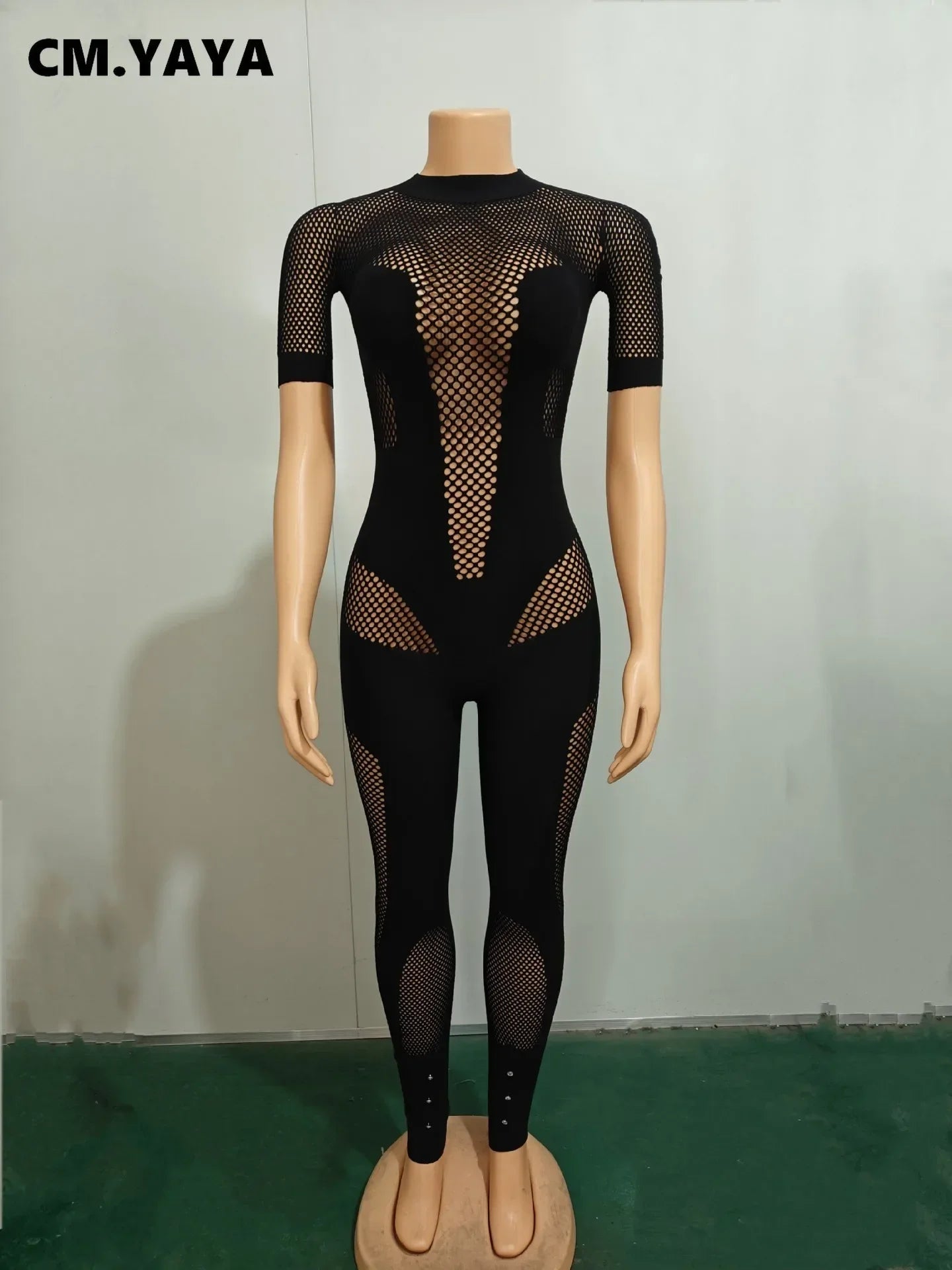 Short Sleeve Women Mesh Hollow Out O-neck Rompers Jumpsuits 2024 Summer Sleep Night Club Party One Piece Sexy Outfits