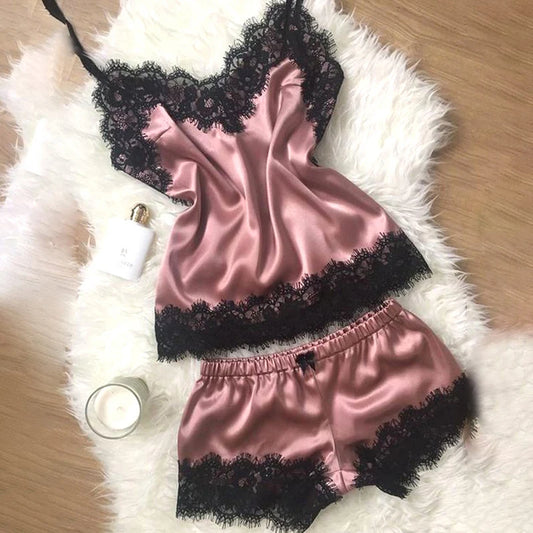 Fashion Nightwear Lace Trim Satin Cami Top Pajama Sets Sexy Hot Erotic Home Wear Women Pajamas Women Sleepwear Sleeveless Strap