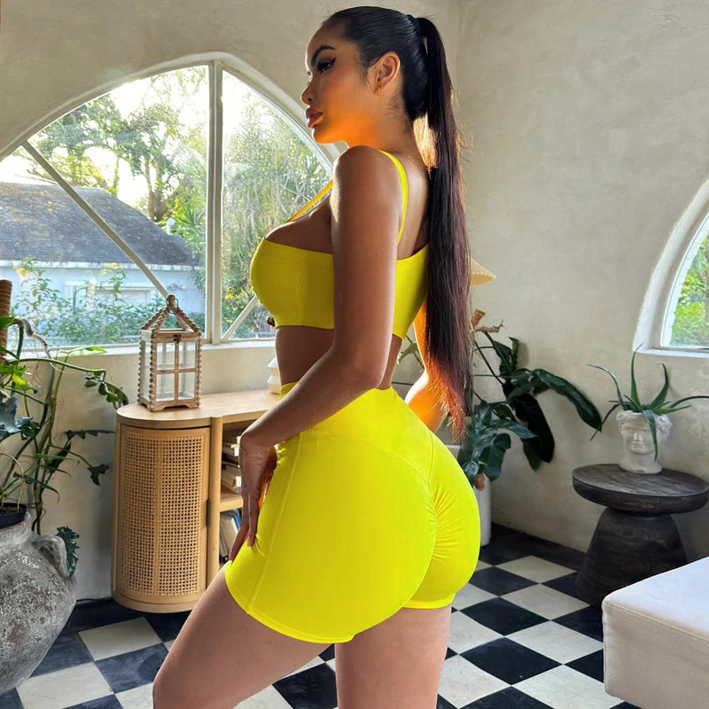 Hugcitar Summer Fashion 2 Pcs Sets Solid Straps Backless Sexy Crop Tank Top Draped Shorts Slim Women Clothes Vacation Work Out