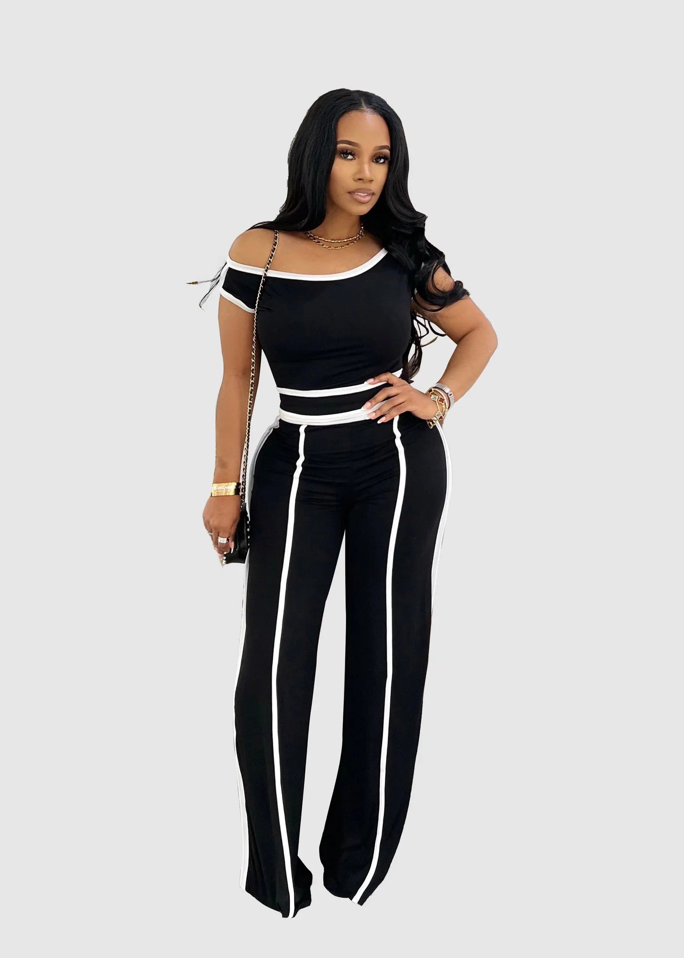 Sexy Women Onelength Shoulder Splicing Line High Waisted Pants Suit Spring New  Casual Wide-leg Pants Short Sleeve 2 Piece Set