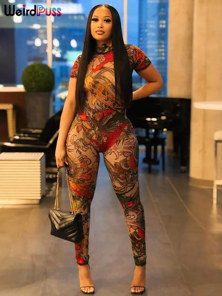 See Through Jumpsuit Women Backless Dragon Print Short Sleeve Fitness Activity Workout Overalls Slim Stretch Clubwear