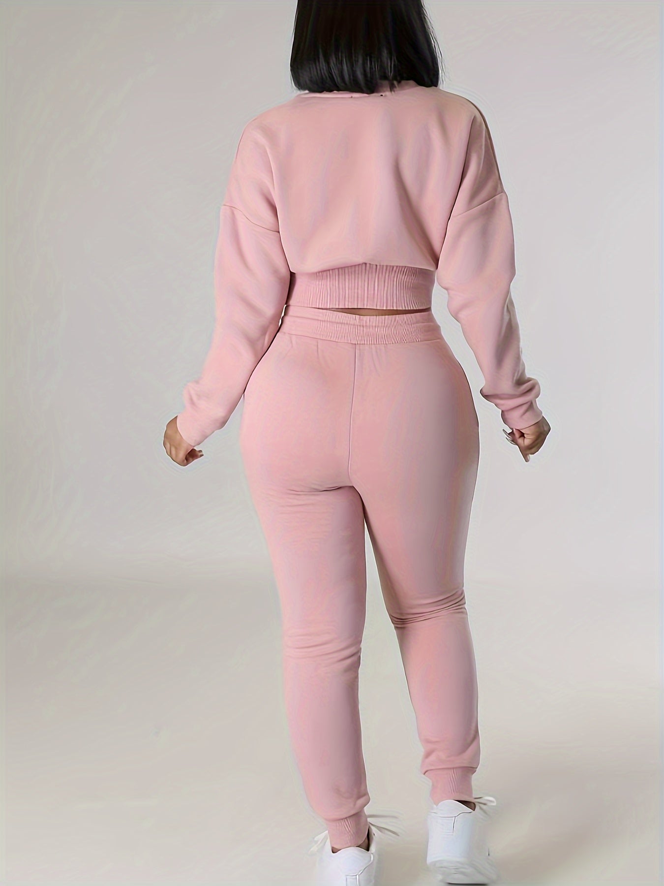Women's Ribbed Fleece-Lined Casual Two-Piece Set: Long Sleeve Crop Top & High-Waist Pants - Stretchy Polyester Blend, Machine Washable, Solid Black