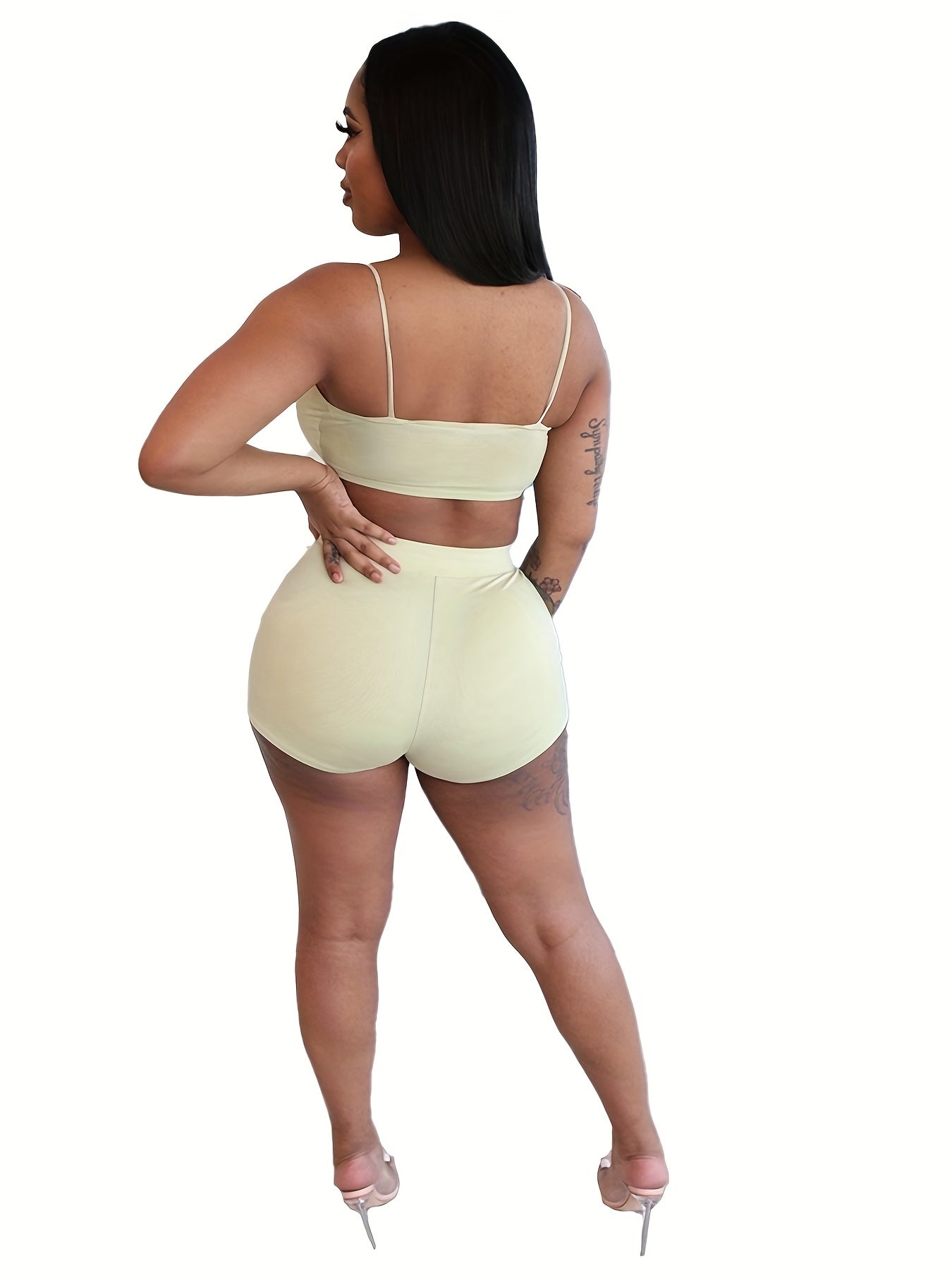 Casual Solid Three-piece Set, Crop Cami Top & High Waist Shorts & Open Front Coat Outfits, Women's Clothing