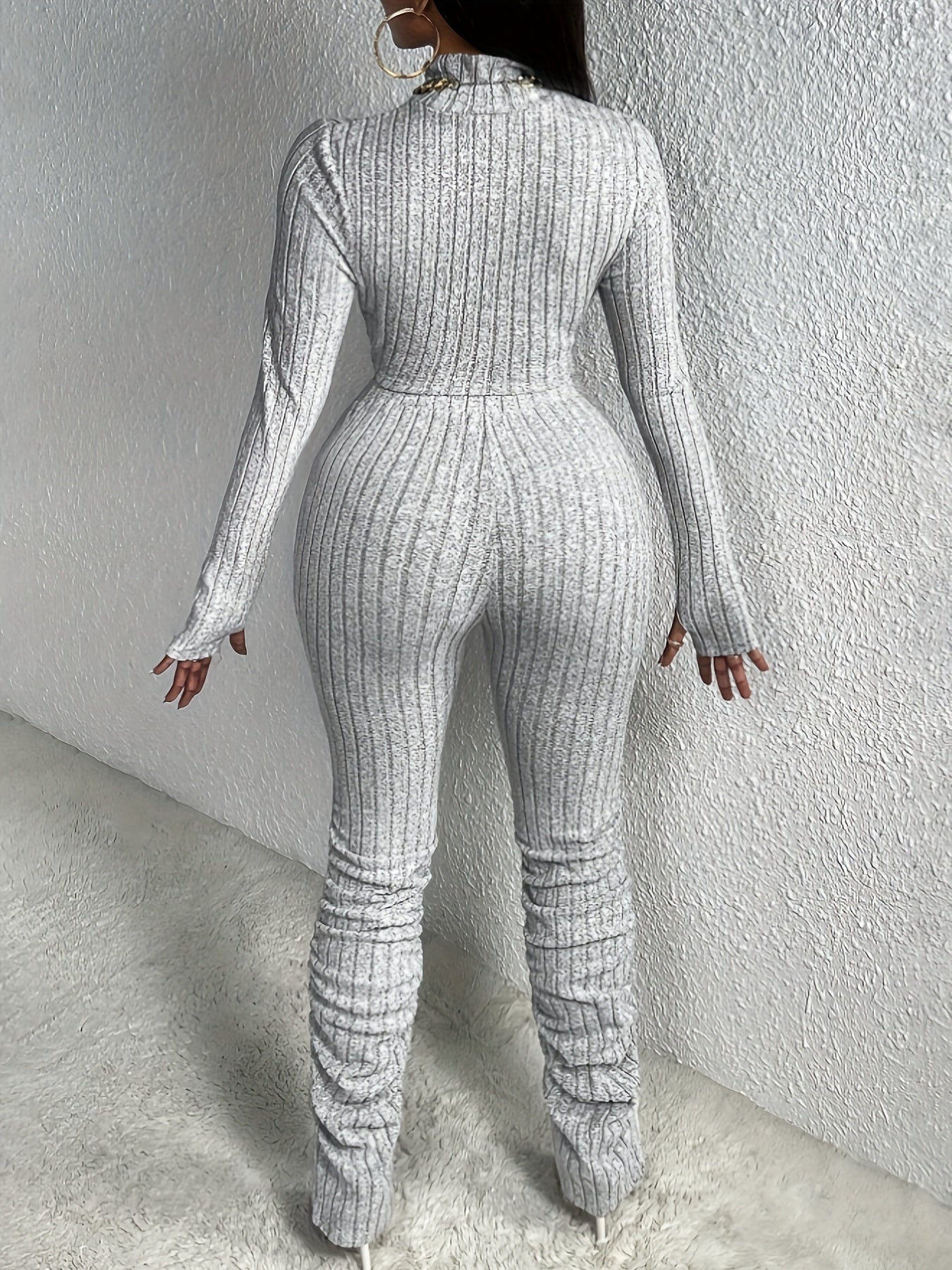 Sexy Slim Ribbed Two-piece Set, Long Sleeve Mock Neck Cut Out Crop Top & High Waist Skinny LeggingsOutfits, Women's Clothing