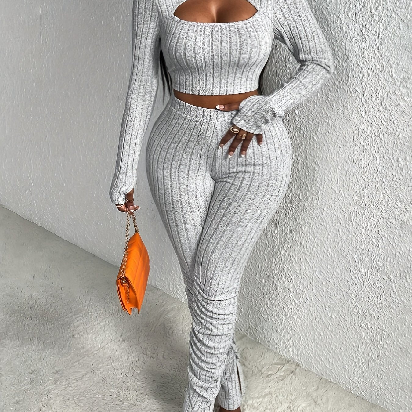 Sexy Slim Ribbed Two-piece Set, Long Sleeve Mock Neck Cut Out Crop Top & High Waist Skinny LeggingsOutfits, Women's Clothing