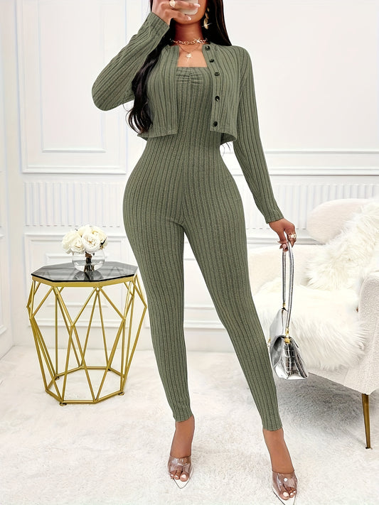 Women's Solid Color Ribbed Two-piece Set - Long Sleeve Button Front Crop Cardigan & Skinny Strapless Jumpsuit Outfits - For Women - Perfect for Casual & Party Occasions - Stylish Gift for Fashionable Women