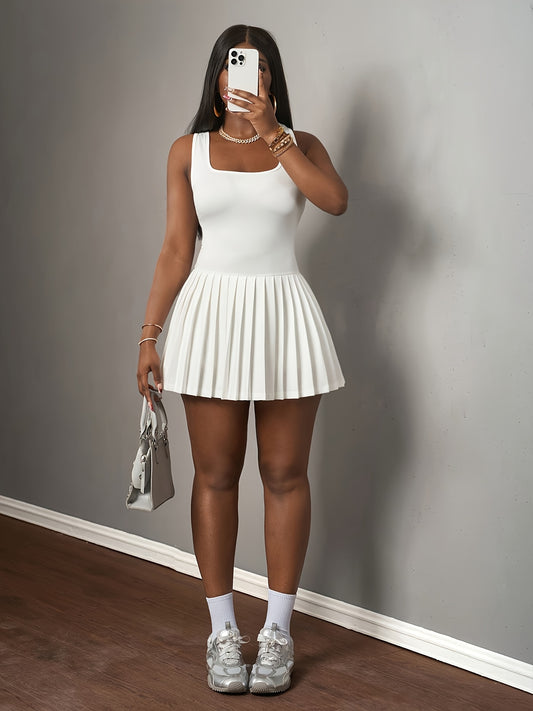 Women's High-Waisted Stretchy Sleeveless Square Neck Mini Dress with Pleated Hem - Flared Fitted Top & Flared Skirt for Commuting, Tennis, Gym, Dates - Machine Washable White Casual Chic Outfit, Fitness Clothing