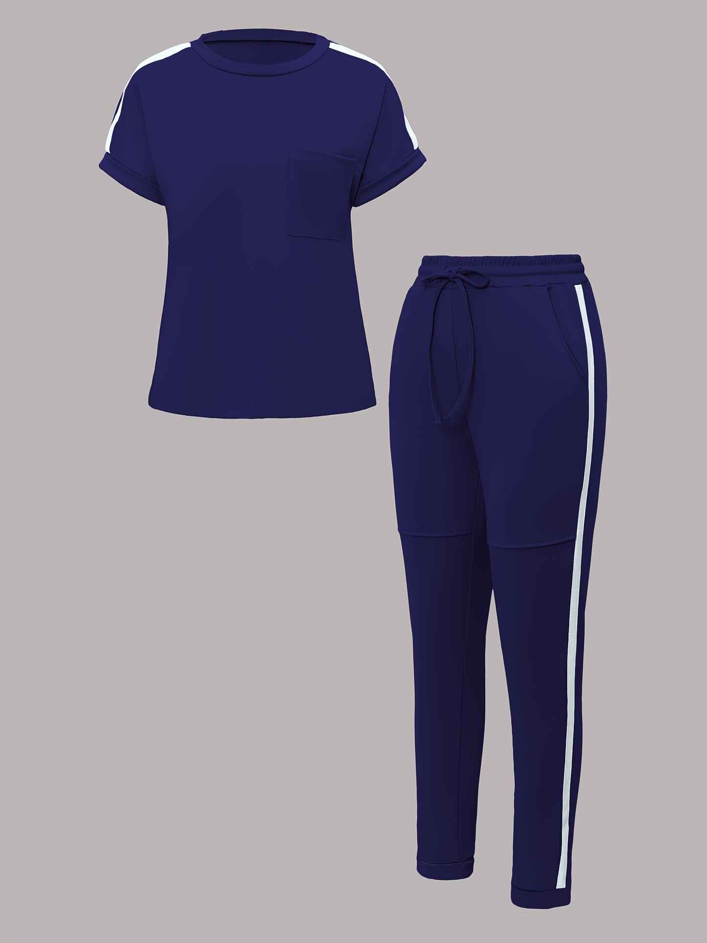 Spring-Summer New Women's Casual Comfort Solid Color Round Neck T-Shirt with Versatile Pocket Straight Pants Set