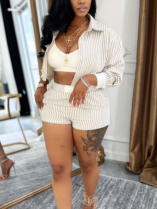 TW713 Spring-Summer Casual Chic Women's Striped Long Sleeve Shirt and Shorts Set