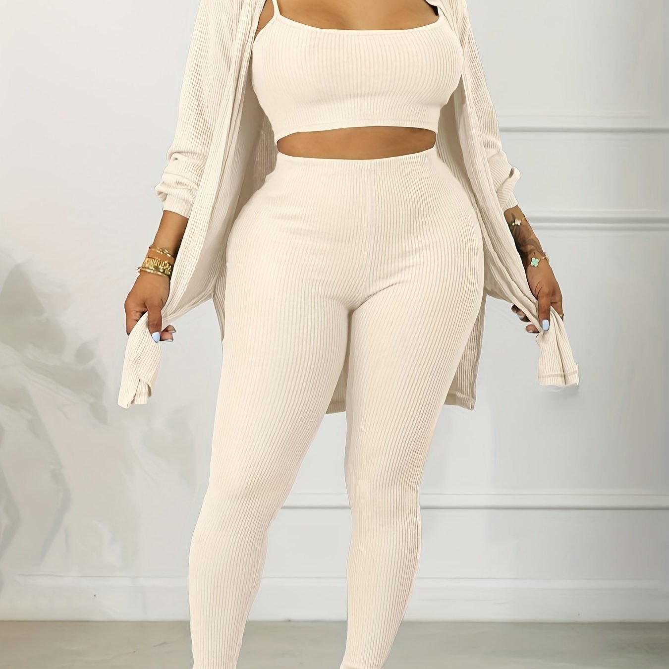 Three-Piece Set - Chic Open Front Outwear, Crop Cami Top, and Skinny Pants Outfit - Comfortable, Versatile, and Stylish Women's Clothing for Everyday Wear