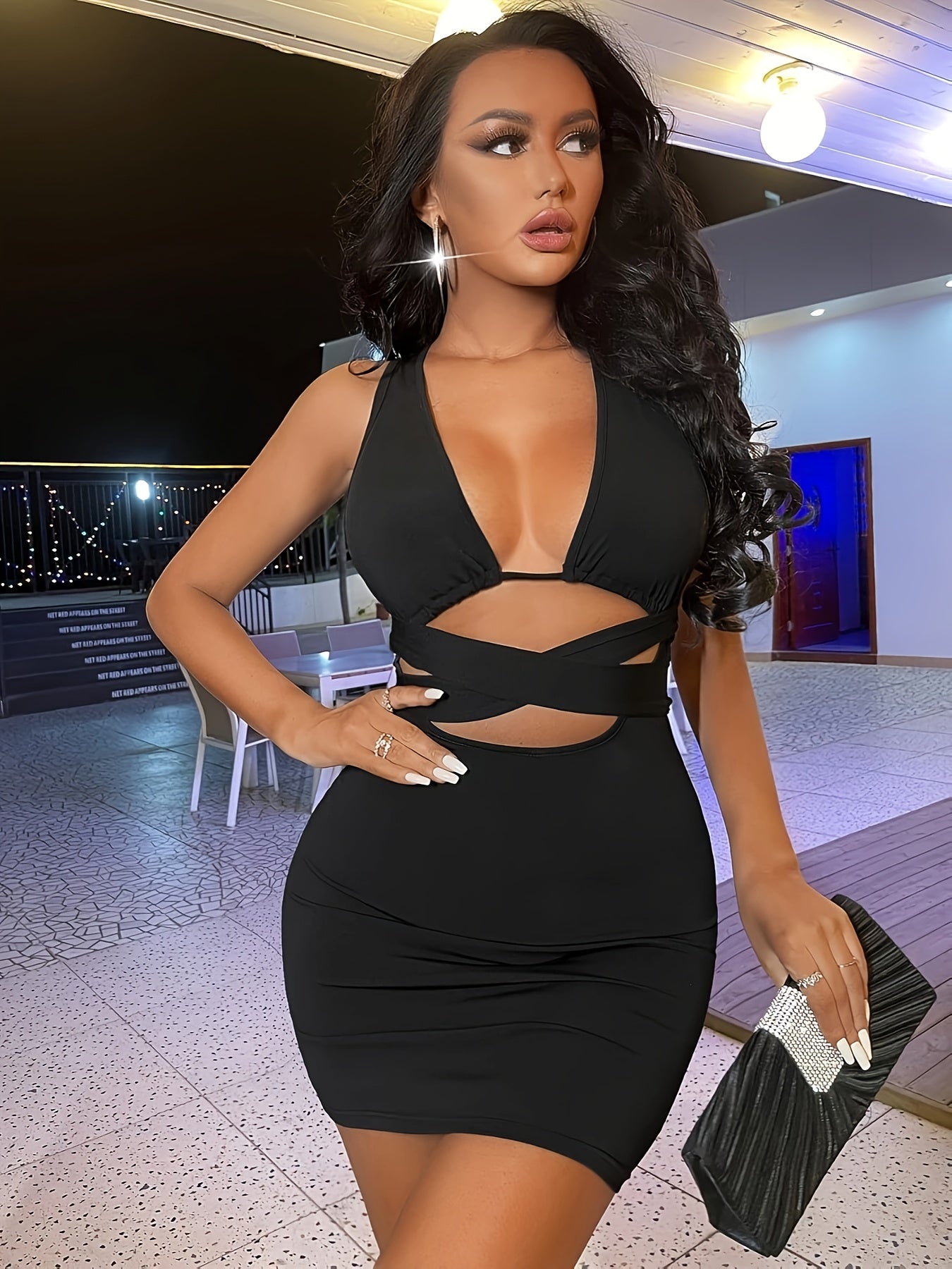 Women's Sexy Yellow Bodycon Dress with Criss Cross Tie Back, Plunging Neckline - Sleeveless, Stretch Polyester Fabric, Machine Washable, Summer Outfit | Criss Cross Design | Stretchable Material, Body Fitting Dress