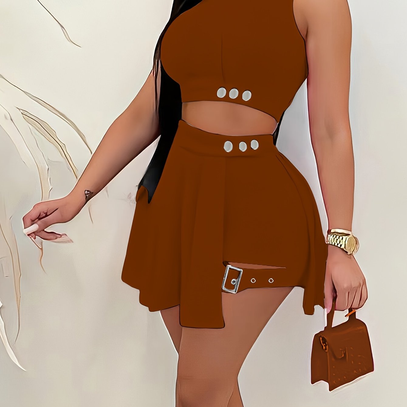 2pcs Elegant Sleeveless Summer Outfit Set - Women's Polyester Crew Neck Shorts Skirt - Solid Color, 95% Polyester 5% Elastane, All-Season Knit Fabric