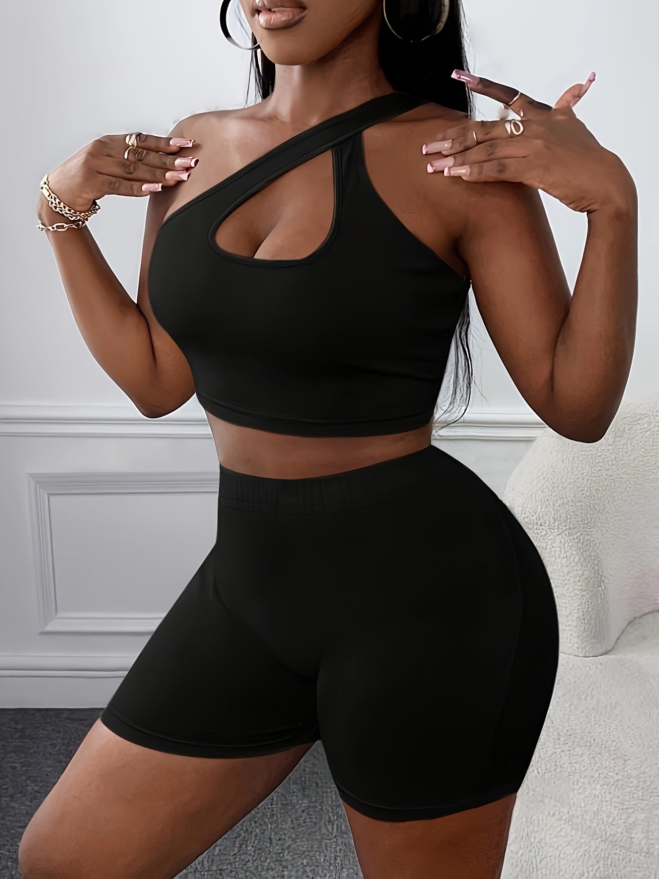 Casual Solid Color Shorts Set, One Shoulder Cut Out Crop Tank Top & High Waist Skinny Leggings, Women's Clothing